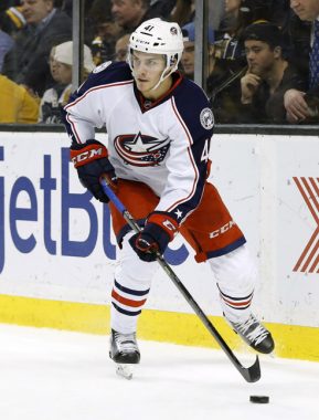 22 February 2016: Columbus Blue Jackets center Alexander Wennberg (41) [10389] holds the puck. The Columbus Blue Jackets defeated the Boston Bruins 6-4 in a regular season NHL game at TD Garden in Boston, Massachusetts. (Photograph by Fred Kfoury III/Icon Sportswire)