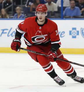 TAMPA, FL - SEPTEMBER 18: Carolina Hurricanes right wing Andrei Svechnikov (37) skates during the NHL preseason game between the Carolina Hurricanes and Tampa Bay Lightning on September 18, 2018, at Amalie Arena in Tampa, FL. (Photo by Mark LoMoglio/Icon Sportswire)