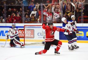 HELSINKI, FINLAND - DECEMBER 26: Canada's Dylan Strome #9 celebrates after scoring Team Canada's second goal of the game during preliminary round action at the 2016 IIHF World Junior Championship. (Photo by Matt Zambonin/HHOF-IIHF Images)