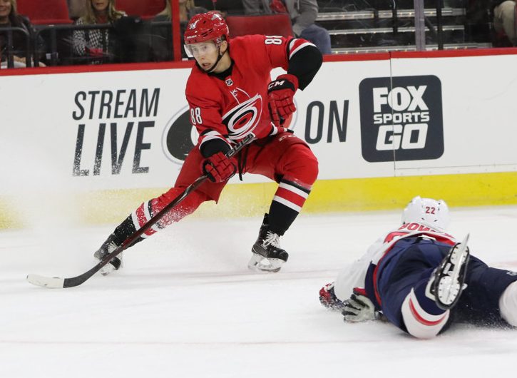 RALEIGH, NC - SEPTEMBER 29: Carolina Hurricanes center Martin Necas (88) and Washington Capitals defenseman Madison Bowey (22) during the 1st period of the Carolina Hurricanes game versus the Washington Capitals on September 29, 2017, at PNC Arena (Photo by Jaylynn Nash/Icon Sportswire)