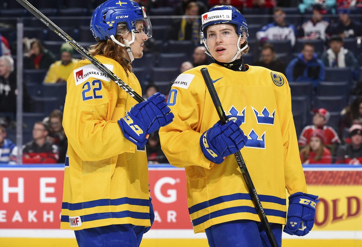 BUFFALO, NEW YORK - JANUARY 4: Sweden's Axel Fjallby Jonsson #22 and Isac Lundestrom #20 have words during semifinal round action against the U.S. at the 2018 IIHF World Junior Championship. (Photo by Matt Zambonin/HHOF-IIHF Images)