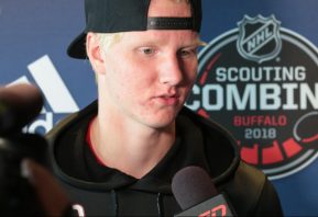BUFFALO, NY - JUNE 2: Rasmus Dahlin talks at the podium during the NHL Scouting Combine on June 2, 2018 at HarborCenter in Buffalo, New York. (Photo by Jerome Davis/Icon Sportswire)