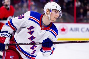 OTTAWA, ON - NOVEMBER 29: New York Rangers center Lias Andersson (50) follows the play during third period National Hockey League action between the New York Rangers and Ottawa Senators on November 29, 2018, at Canadian Tire Centre in Ottawa, ON, Canada. (Photo by Richard A. Whittaker/Icon Sportswire)